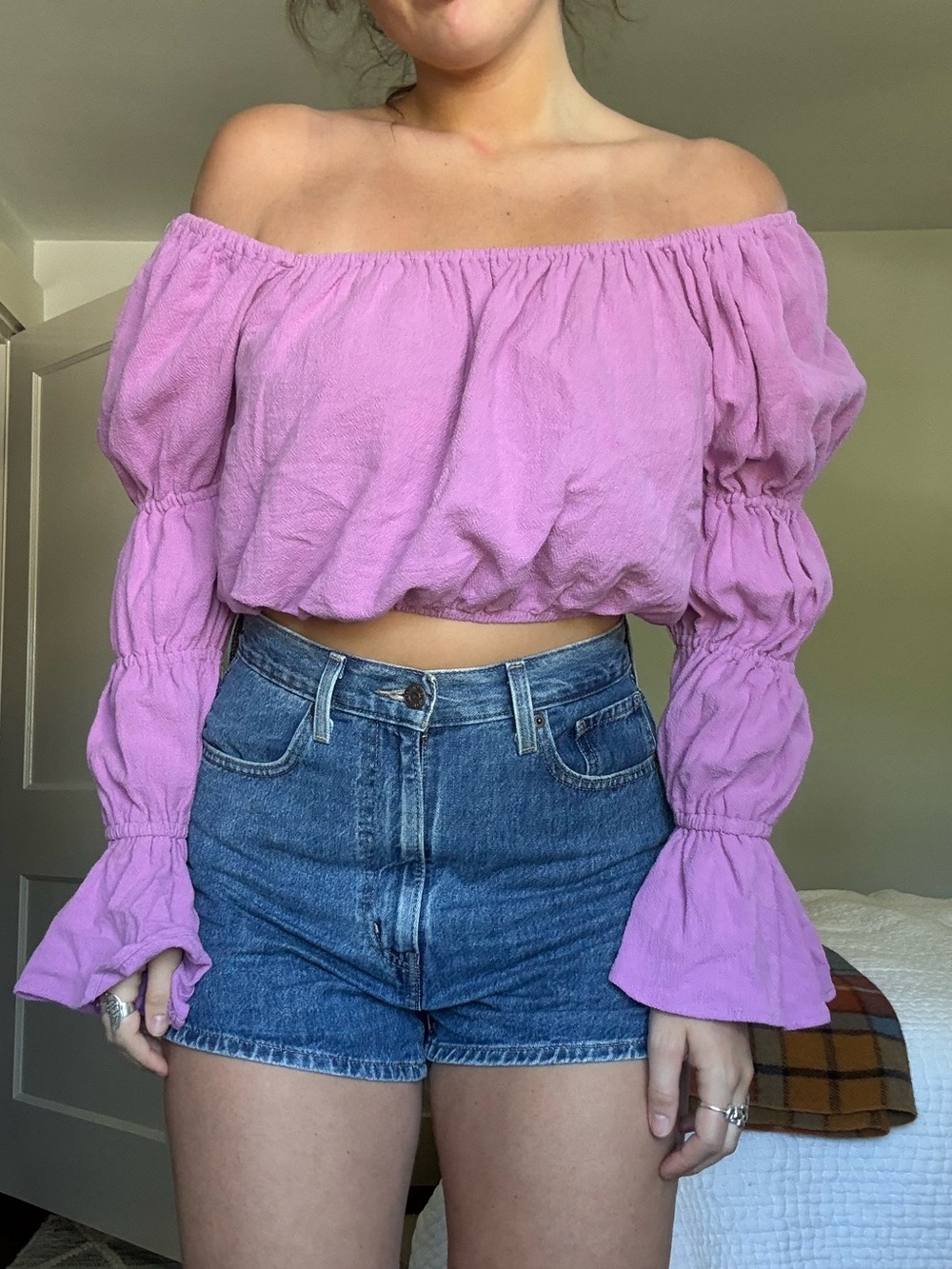 Free people Off-Shoulder Lavender Crop Top with Ruffled Sleeves